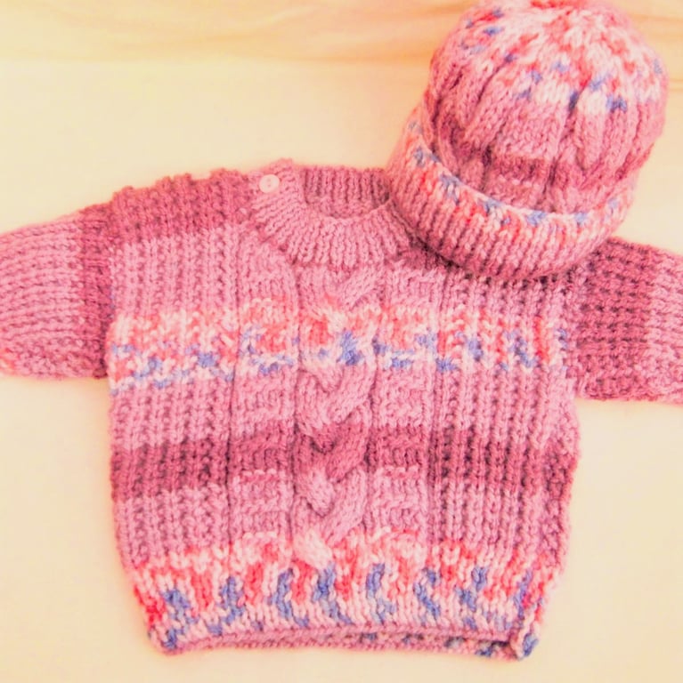 Baby's Cabled Jumper and Hat Set, Baby Shower Gift, Knitted Baby Clothes