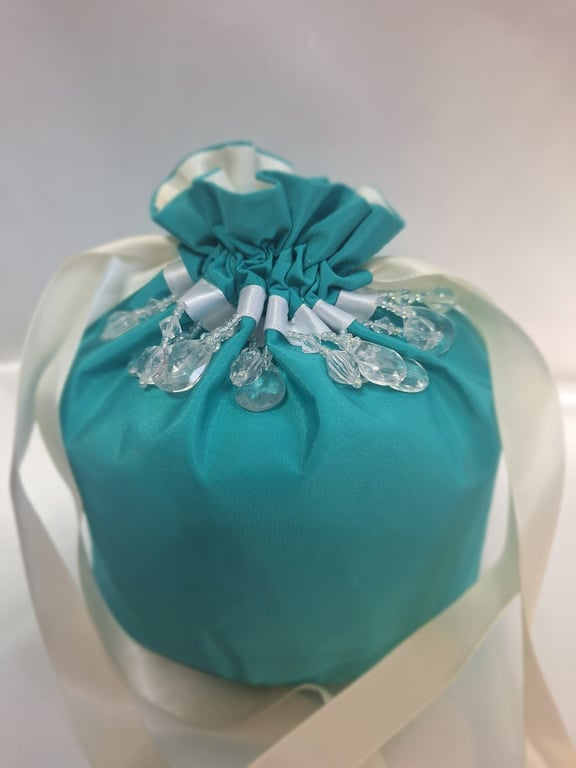 Turquoise drawstring pouch, Potli bag with beaded detail trim.