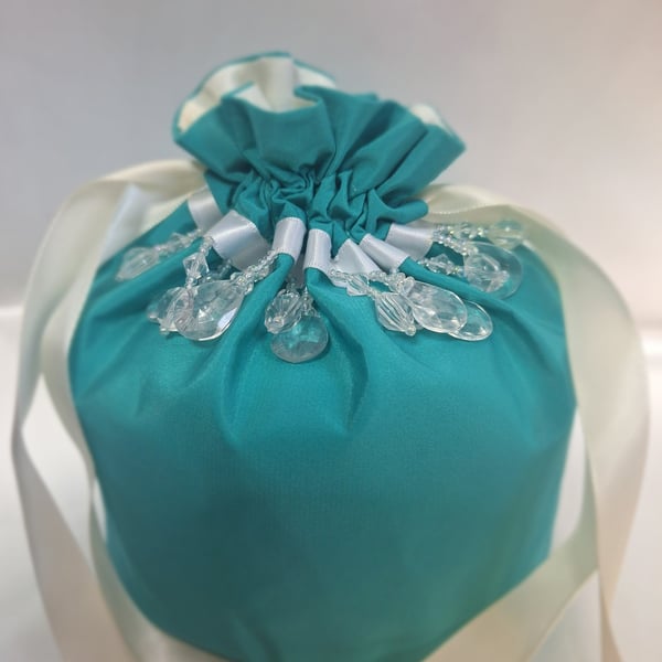 Turquoise drawstring pouch, Potli bag with beaded detail trim.