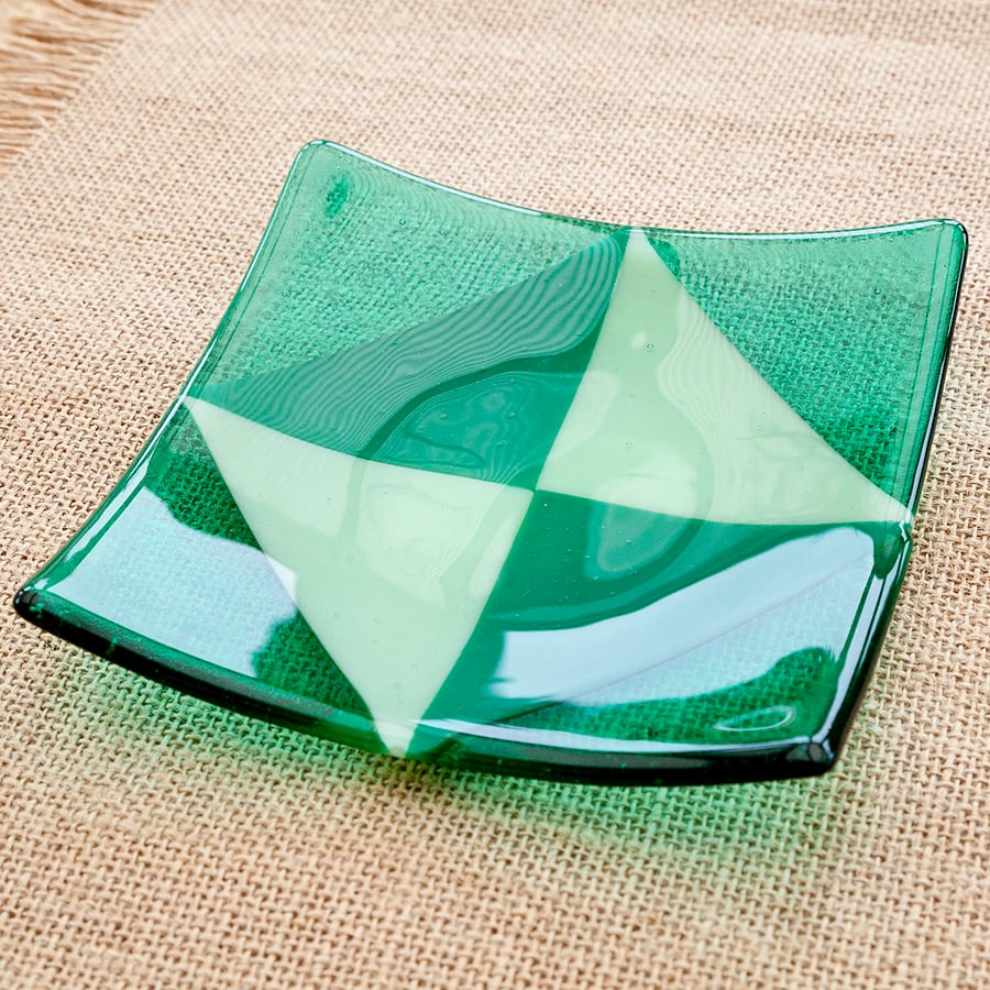 Green Geometric Triangle Fused Glass Plate