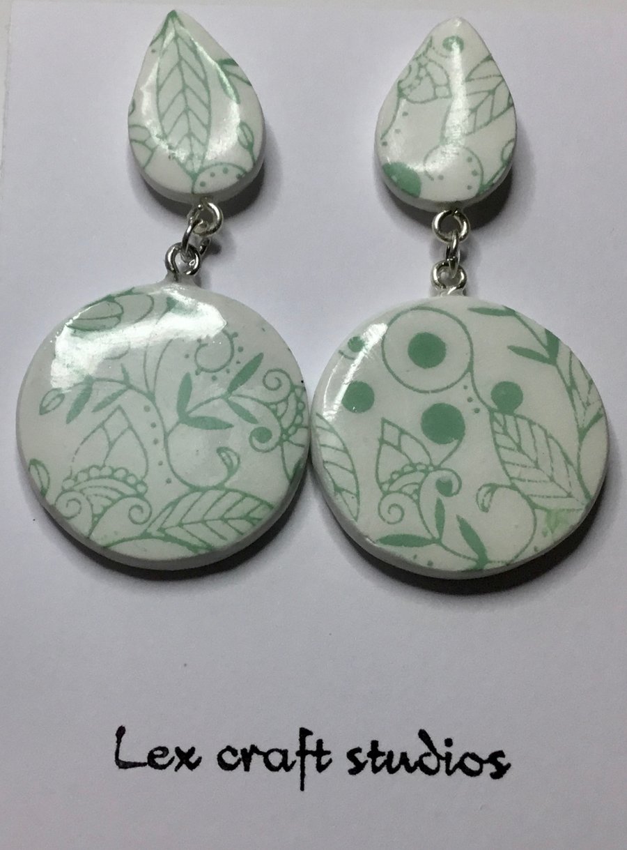 Hand painted green floral ceramic earrings 
