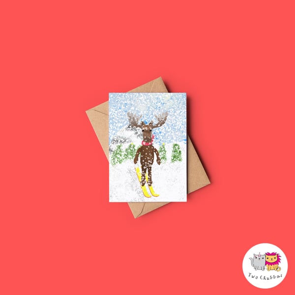 Moose Skiing Christmas Card, A6 Christmas Card, Cute Animal Christmas Card