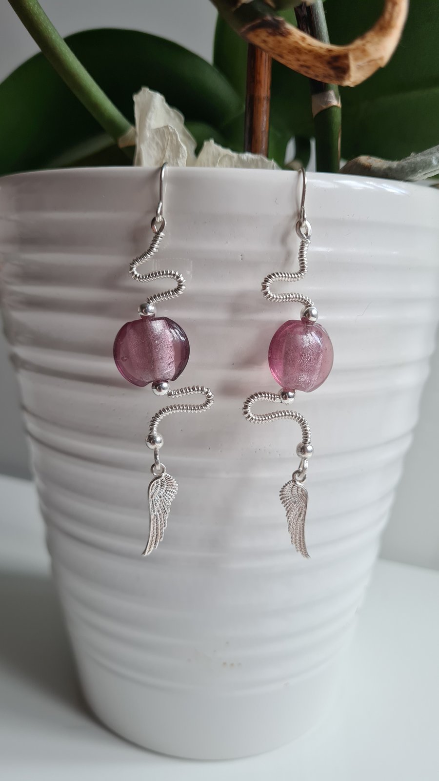 925 Silver & Pink Glass Angels Wing Statement Earrings Gift Jewellery Jewelry 