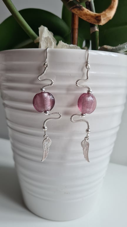 925 Silver & Pink Glass Angels Wing Statement Earrings Gift Jewellery Jewelry 