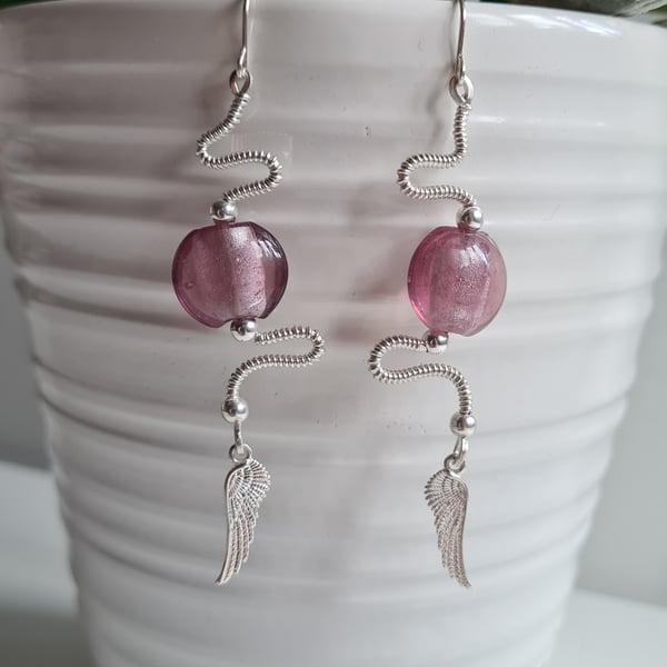 925 Silver & Pink Glass Angels Wing Statement Earrings Gift Jewellery Jewelry 