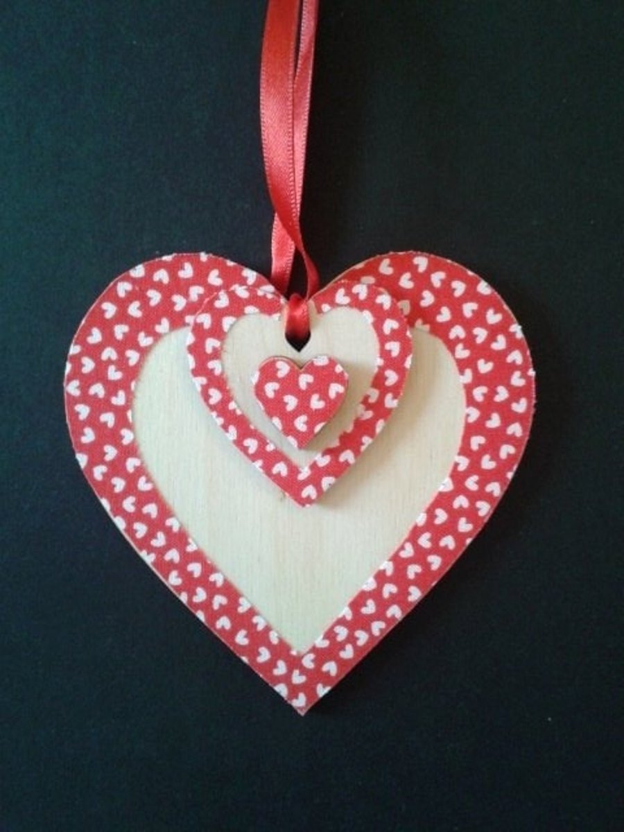 SALE -Triple decorated hanging wooden heart