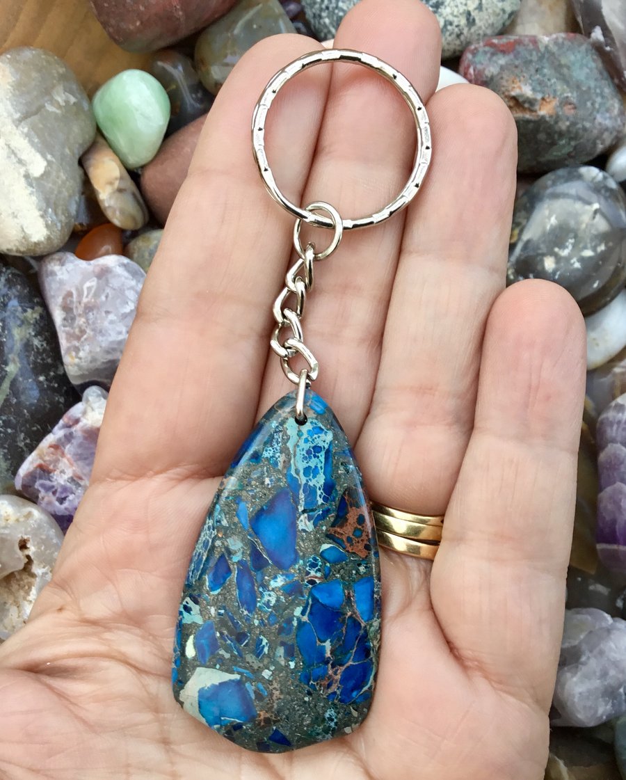 Deep Ocean!  Blue Ocean Jasper Gemstone Keyring or Handbag Charm.