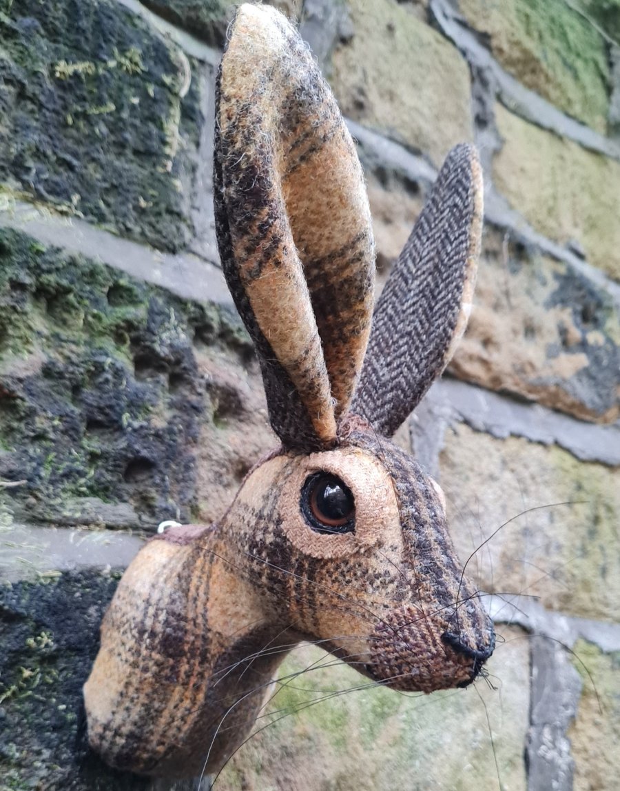 Faux hare head wall mount in yellow and brown  wool tartan- Mr Halliday