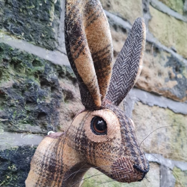 Faux hare head wall mount in yellow and brown  wool tartan- Mr Halliday