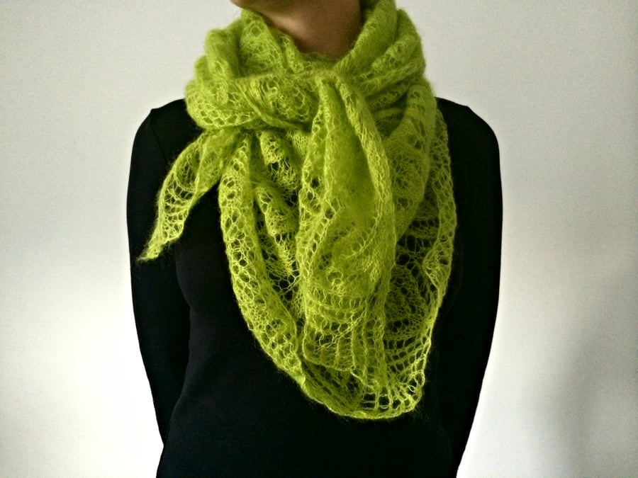 READY TO SHIP Silk Mohair Apple Green Shawl Lace Scarf Leaf Patterned