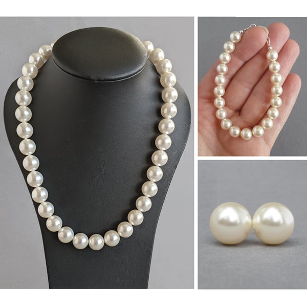 Chunky Cream Pearl Jewellery Set - Ivory Necklace, Bracelet and Earrings Set