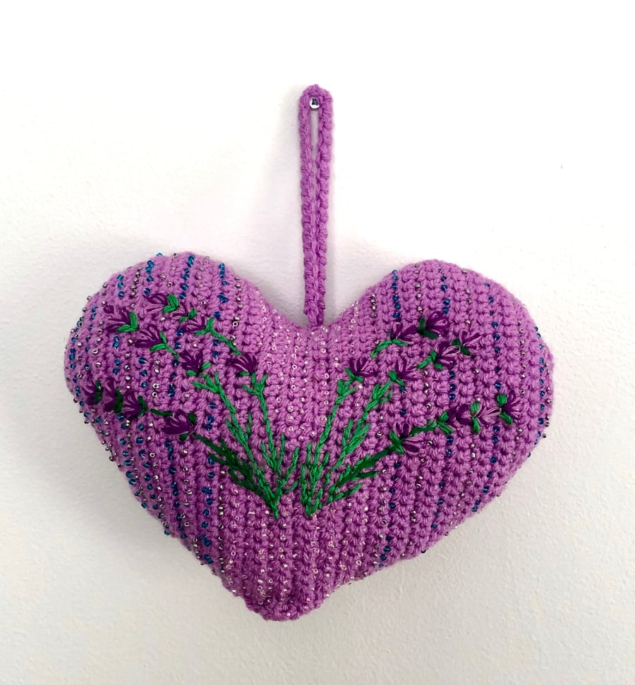 Lavender padded hanging heart  embroidery and scattered beads front and back.