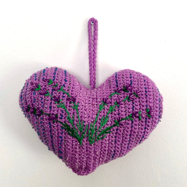 Lavender padded hanging heart  embroidery and scattered beads front and back.