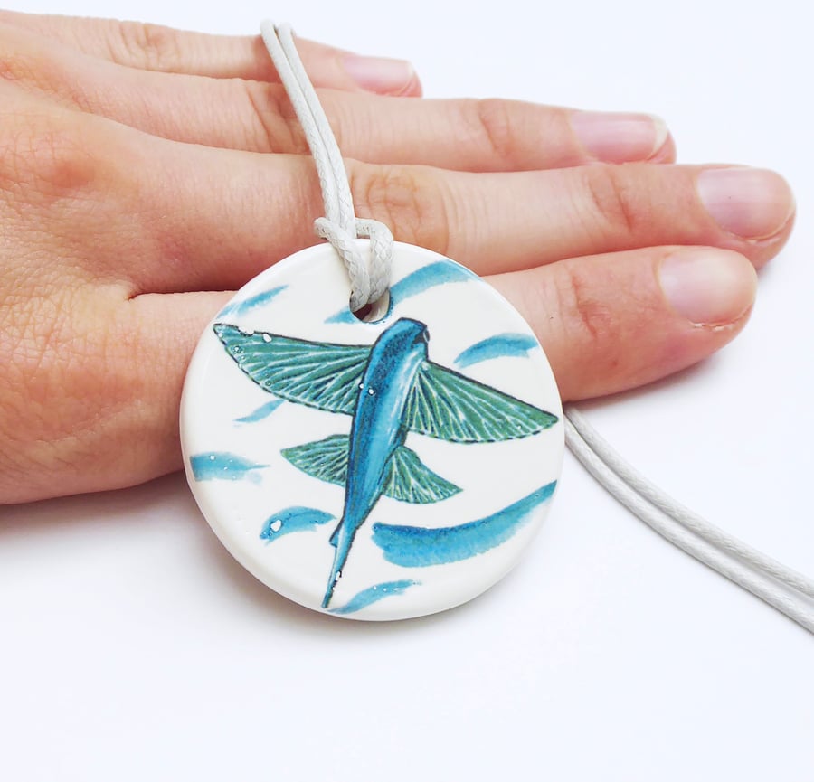 Handmade Flying Fish Ceramic Pendant on Light Grey Cord Necklace