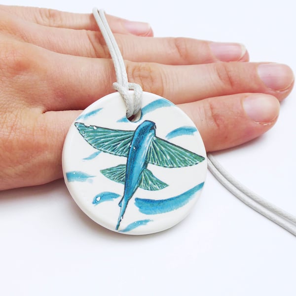 Handmade Flying Fish Ceramic Pendant on Light Grey Cord Necklace