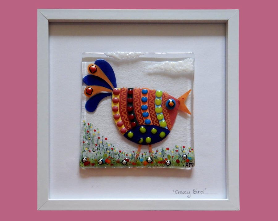 HANDMADE FUSED GLASS  'BUSY BIRD' PICTURE