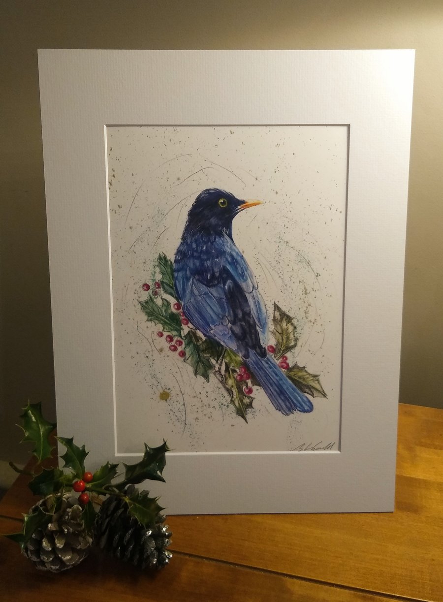 A4 signed Art Print - Blackbird and Holly