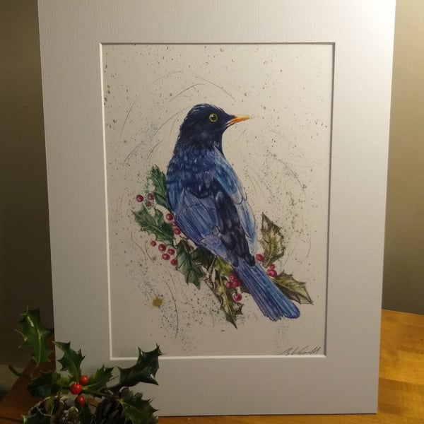 A4 signed Art Print - Blackbird and Holly