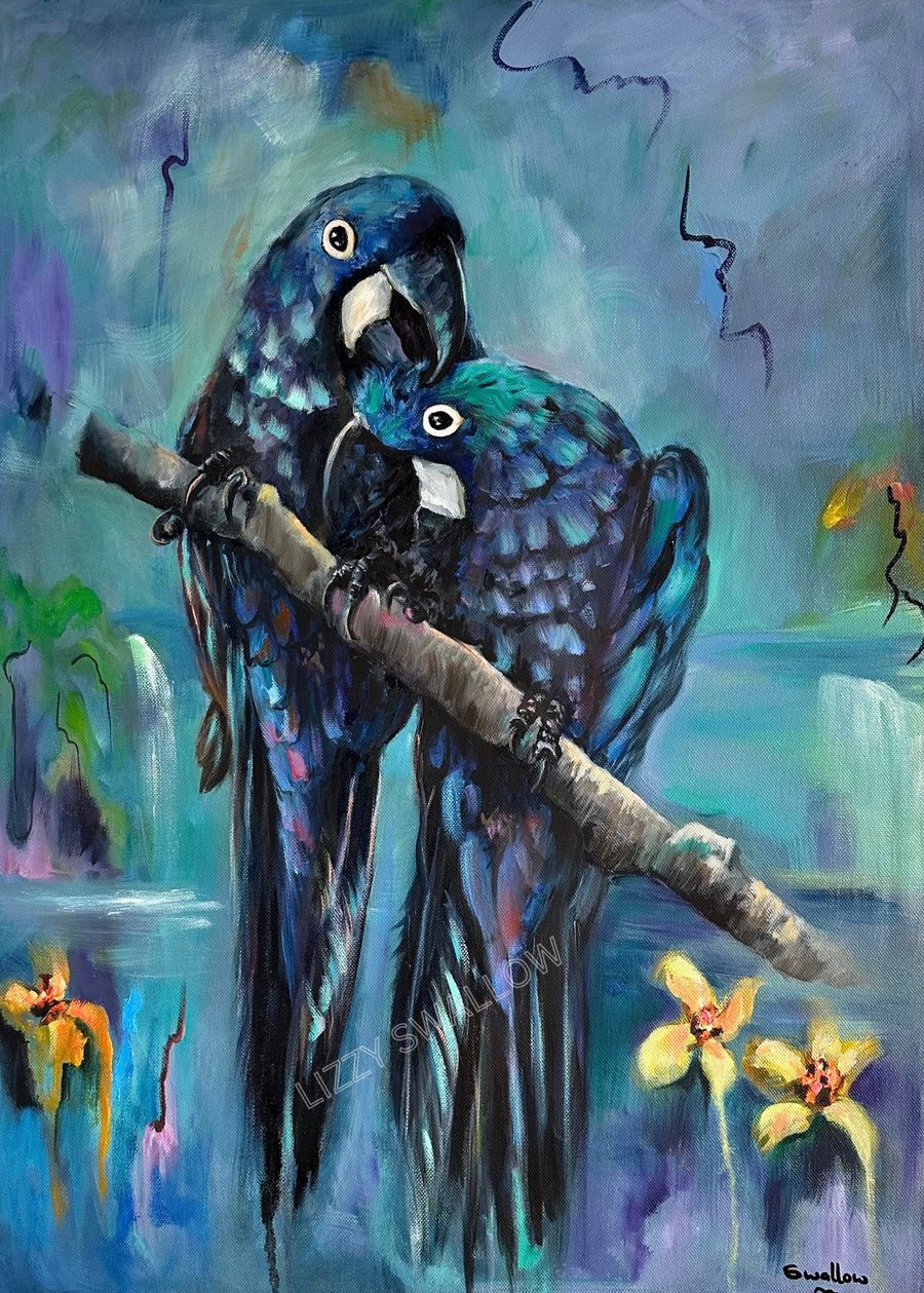Whispers of Affection – Original Parrot Mixed-Media Painting