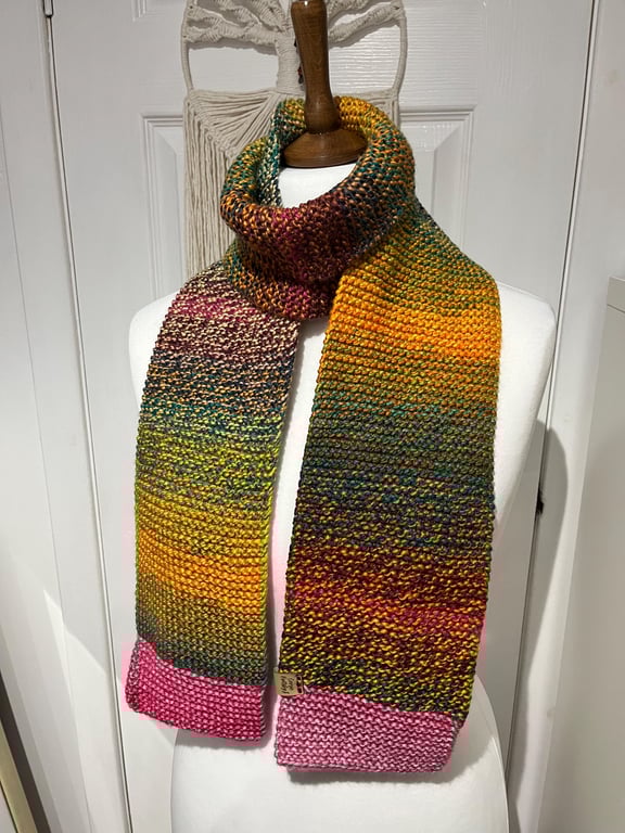 Scarf Multicoloured wool acrylic yarn 168cms long edged in Pink, Aurora coloured