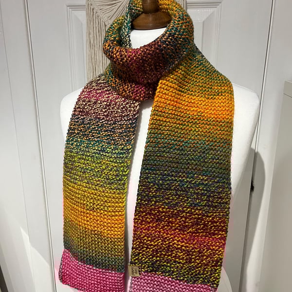 Scarf Multicoloured wool acrylic yarn 168cms long edged in Pink, Aurora coloured