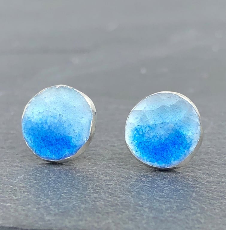 Enamel Studs, round blue studs, light blue studs, hammered round studs,  blue, 