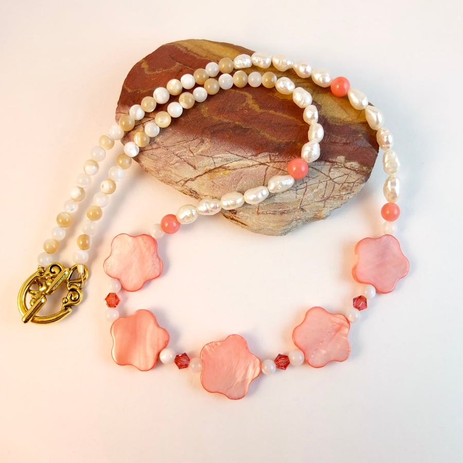 Mother Of Pearl Flowers, Freshwater Pearl, Coral And Swarovski Crystal Necklace.