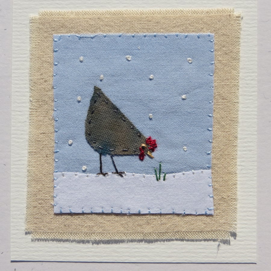 Sweet little hen in snow hand-stitched miniature mounted on card