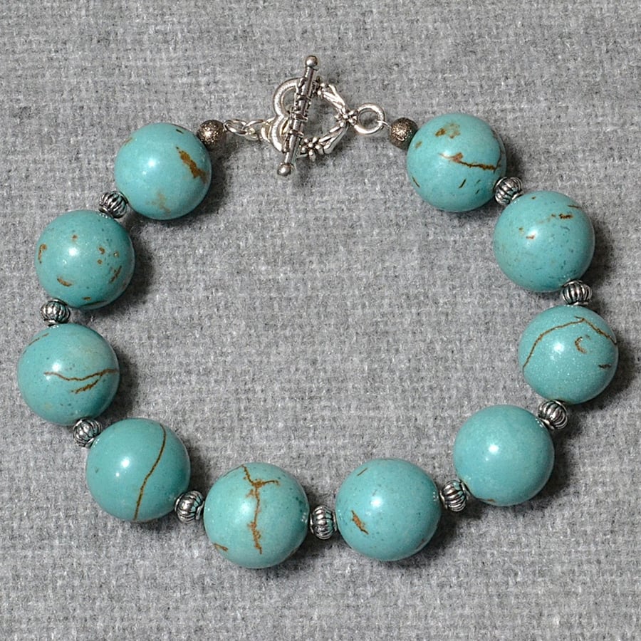 Chunky Turquoise Stone Bead and Metal Spacer Bracelet