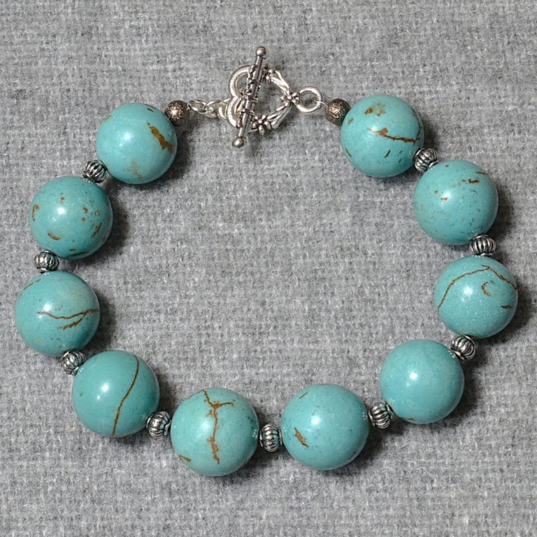 Chunky Turquoise Stone Bead and Metal Spacer Bracelet