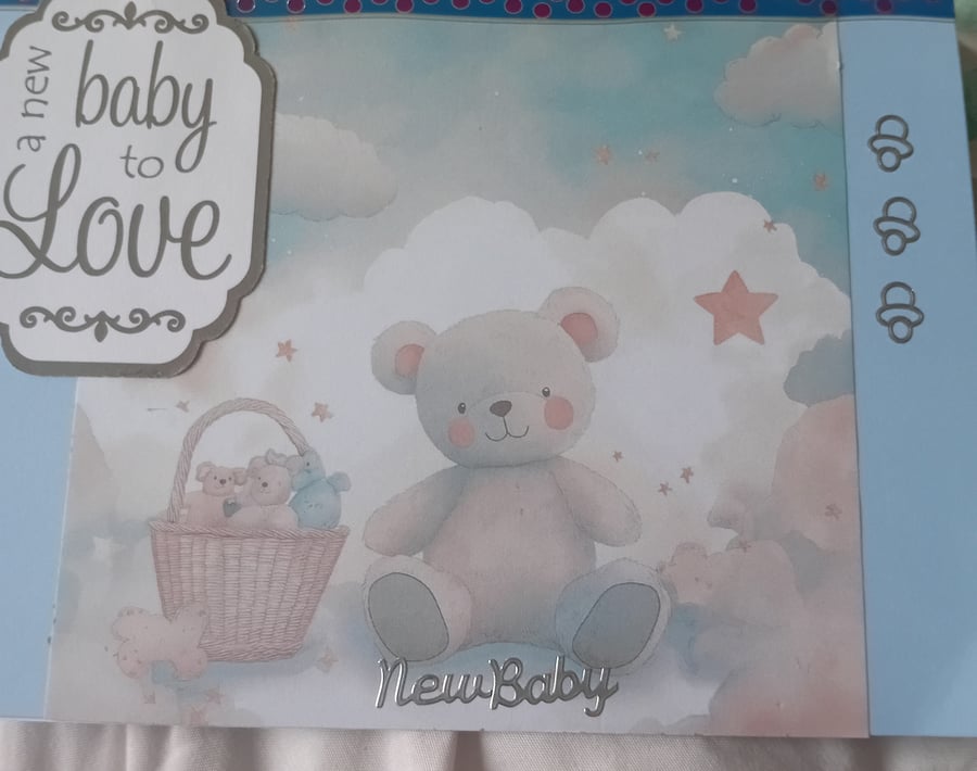 New Baby Teddy and Stars greetings card