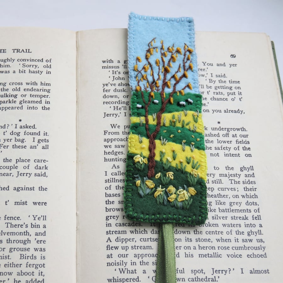 Daffodils Catkins and Sheep Embroidered Felt Bookmark
