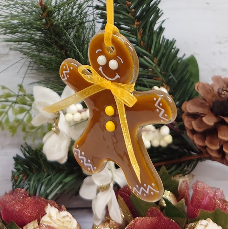 Fused Glass Gingerbread Person with a ZigZag Cuff  & Mustard Embellishments