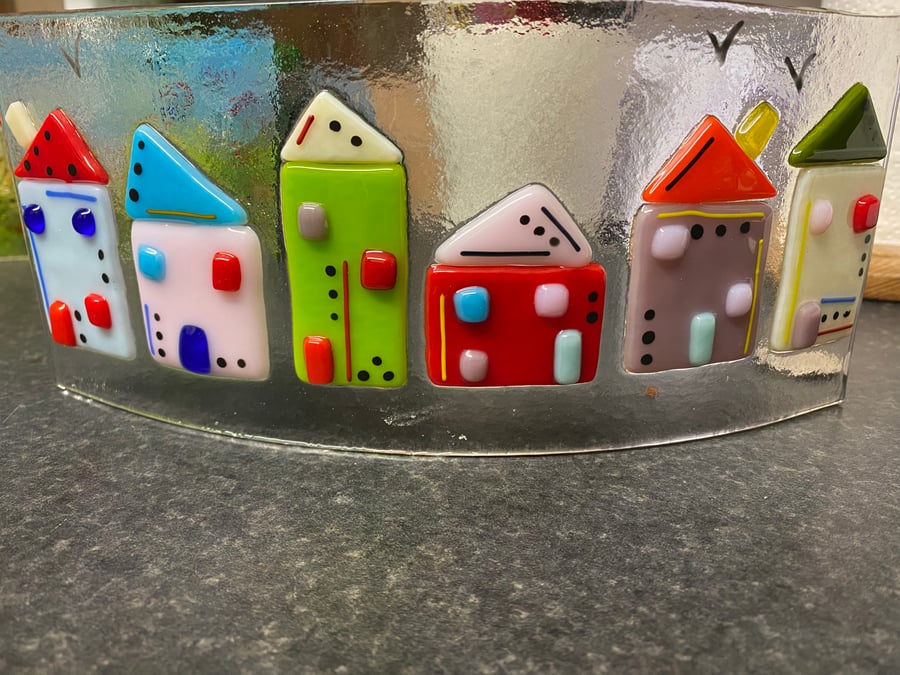 Quirky Houses fused glass curve 