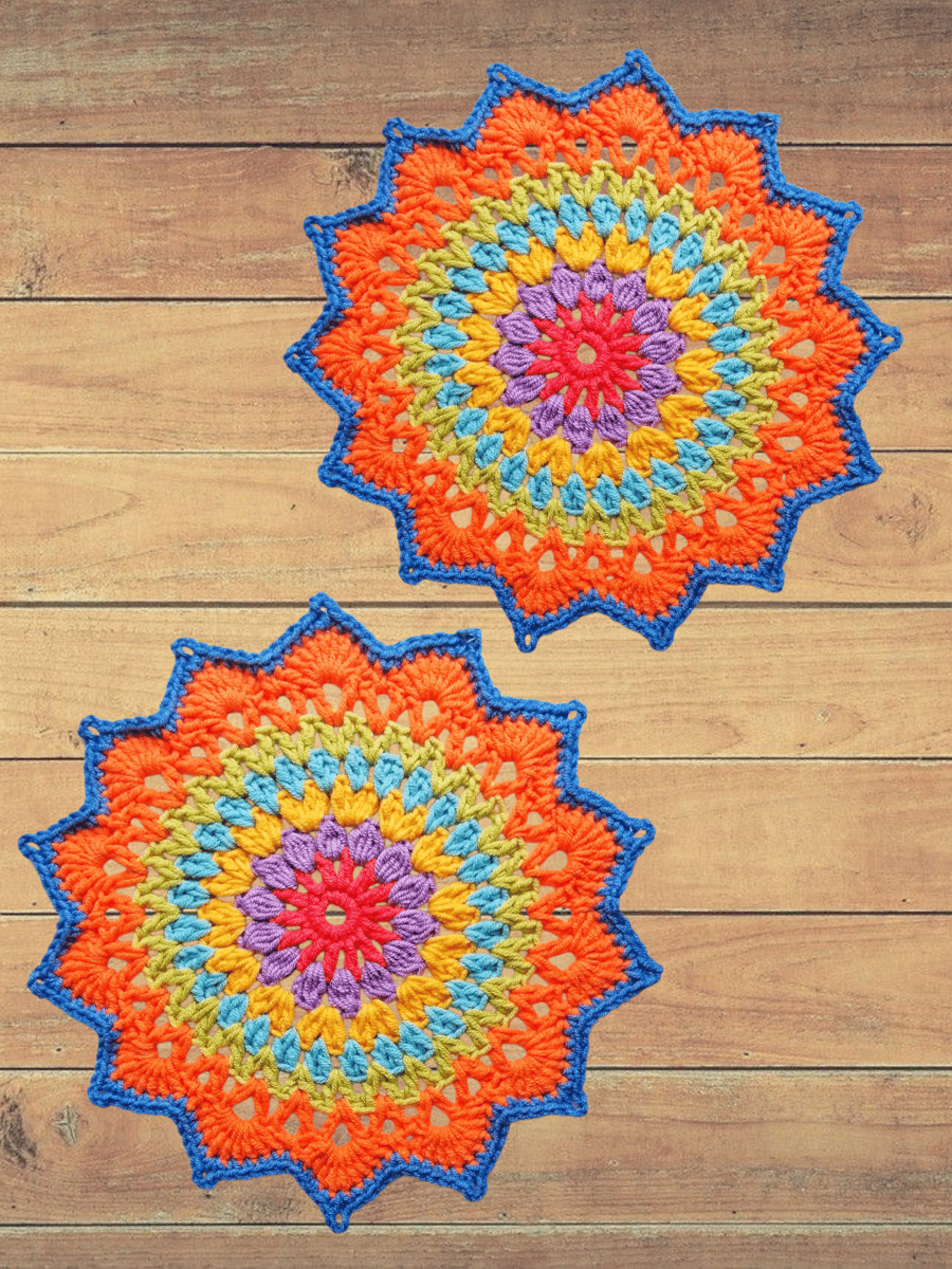 set of 2 colourful crochet mandala doilies
