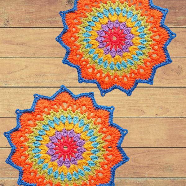 set of 2 colourful crochet mandala doilies