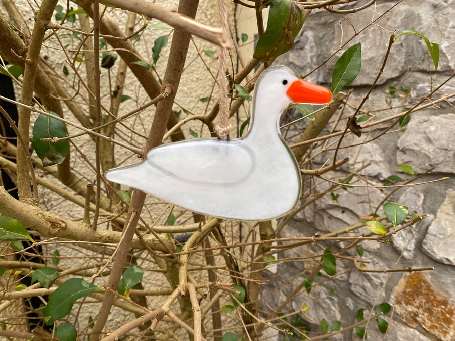 Fused Glass Birds, WHITE DUCK bird lover gift, British bird, hanging bird