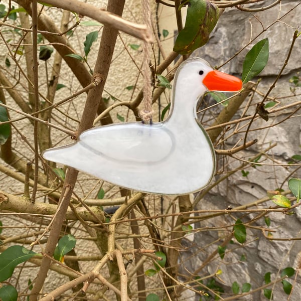 Fused Glass Birds, WHITE DUCK bird lover gift, British bird, hanging bird