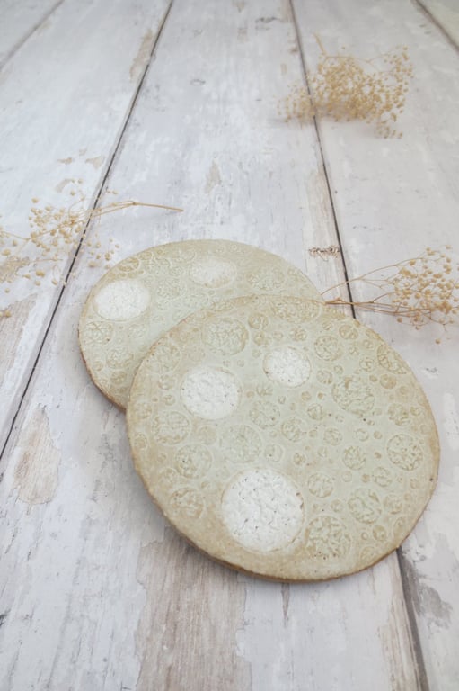 COASTERS hand-built stoneware pottery coaster pair in matt pale green