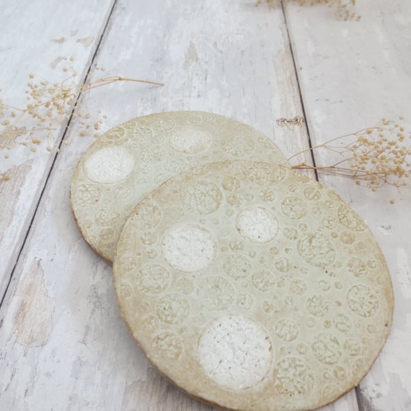 COASTERS hand-built stoneware pottery coaster pair in matt pale green