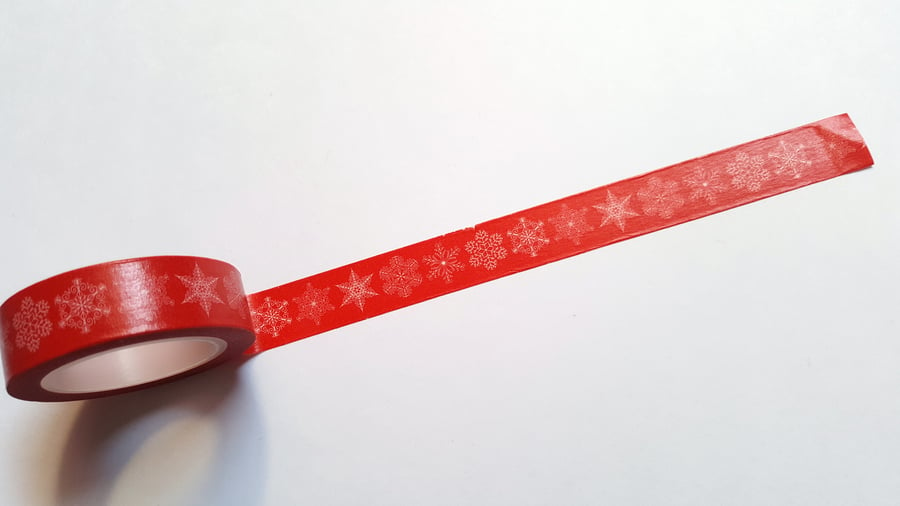 1 x 10m Roll Adhesive Craft Washi Tape - 15mm - Christmas - Snowflakes - Red 