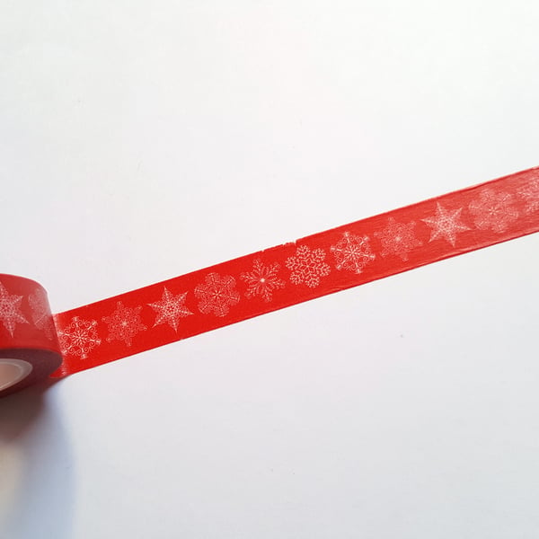 1 x 10m Roll Adhesive Craft Washi Tape - 15mm - Christmas - Snowflakes - Red 