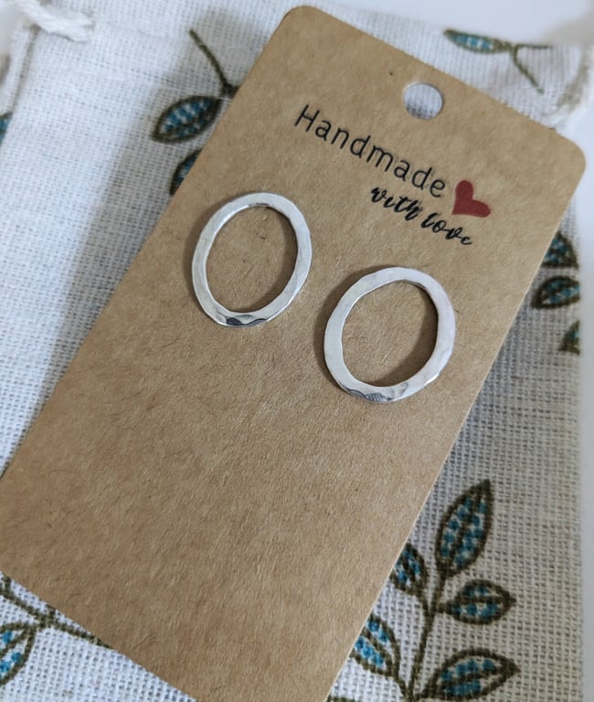 Oval Frame Hammered Sterling Silver Stud Earrings