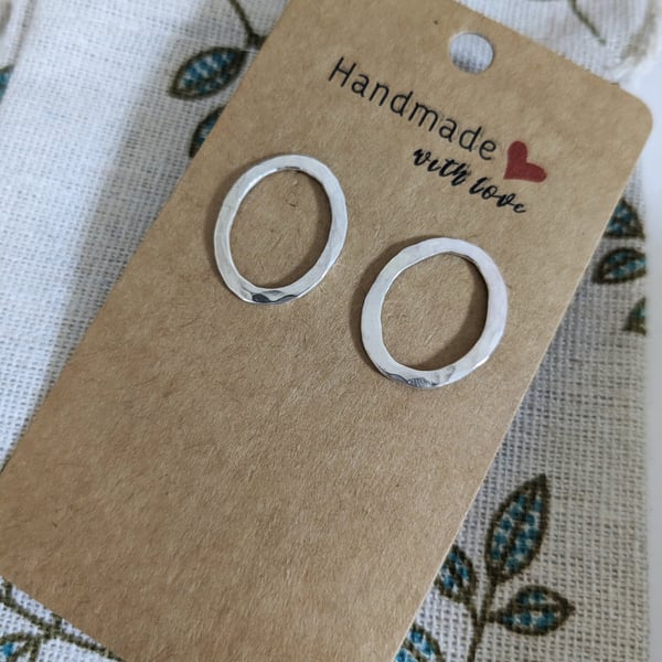 Oval Frame Hammered Sterling Silver Stud Earrings