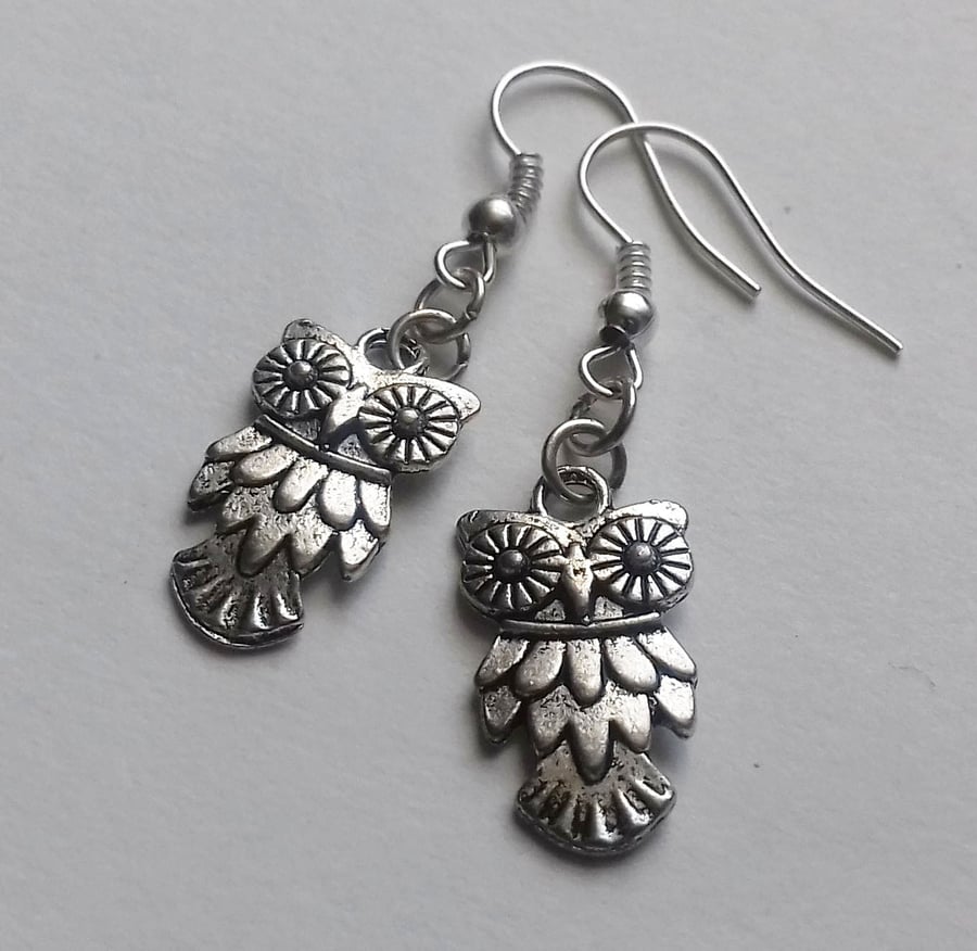 Owl Silver Plate Charm Drop Earrings