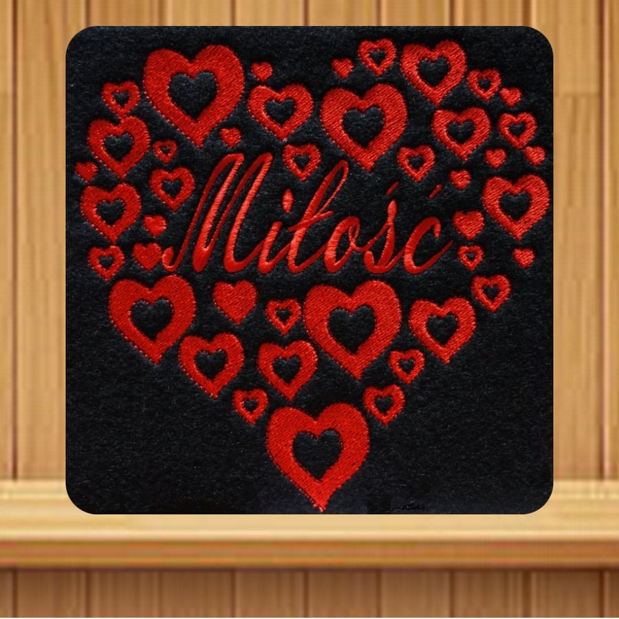 Polish Valentines Card-Milosc. Handmade embroidered design 