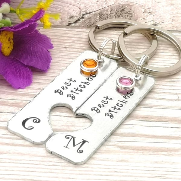 Best Bitches Keyrings With Birthstone Crystals - Personalised BFF Gift - Initial