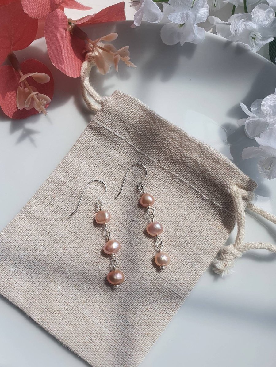 Freshwater pink pearl and sterling silver dangle drop earrings