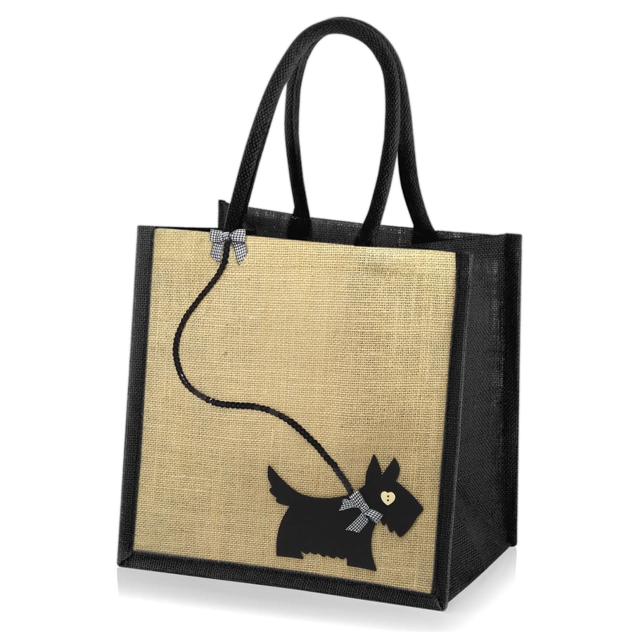 Medium Sized Jute Hessian Shopping Bag Decorated with a Black Scottie Dog