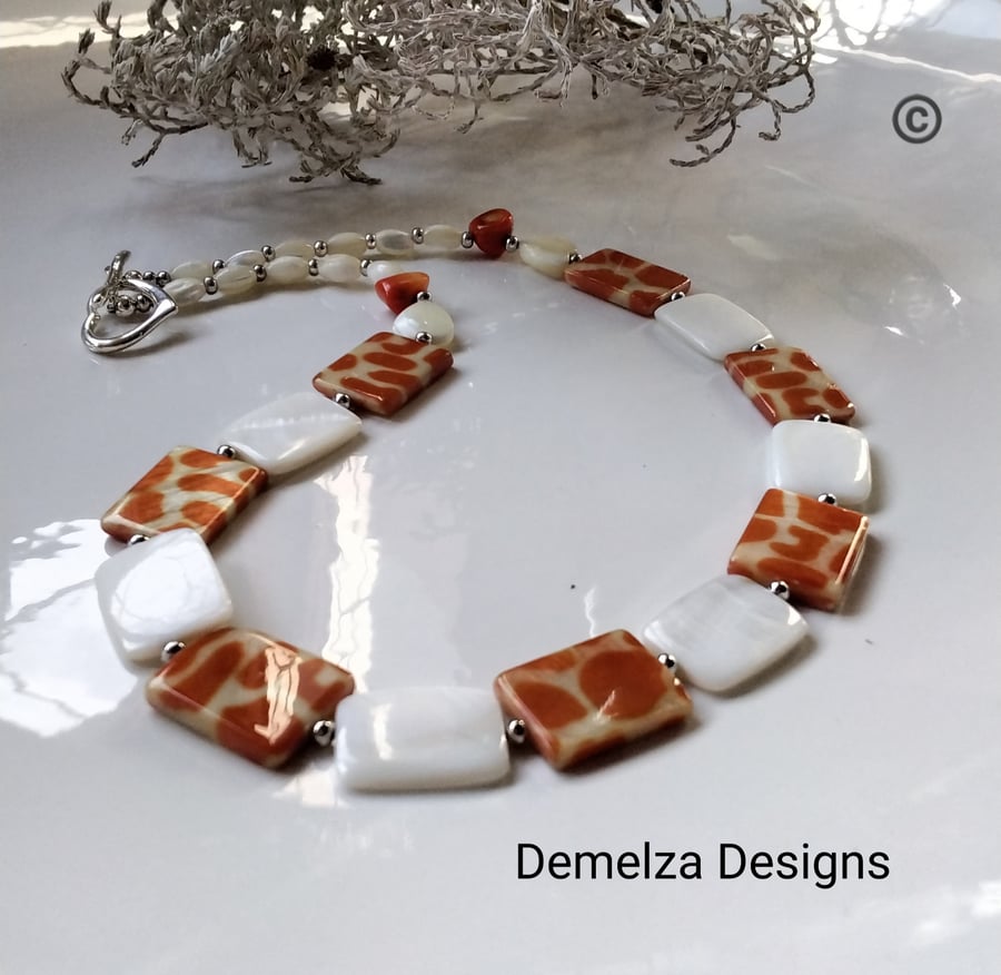 Natural Mother Of Pearl, & Coral Necklace 